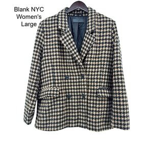 Blank NYC Women Large Book Club Houndstooth Double Breasted Blazer Tan Black